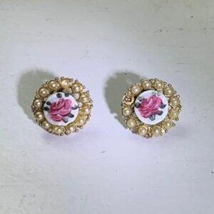 Vintage Guilloche Enamel Round Rose Faux Pearl Gold Tone Screw Back